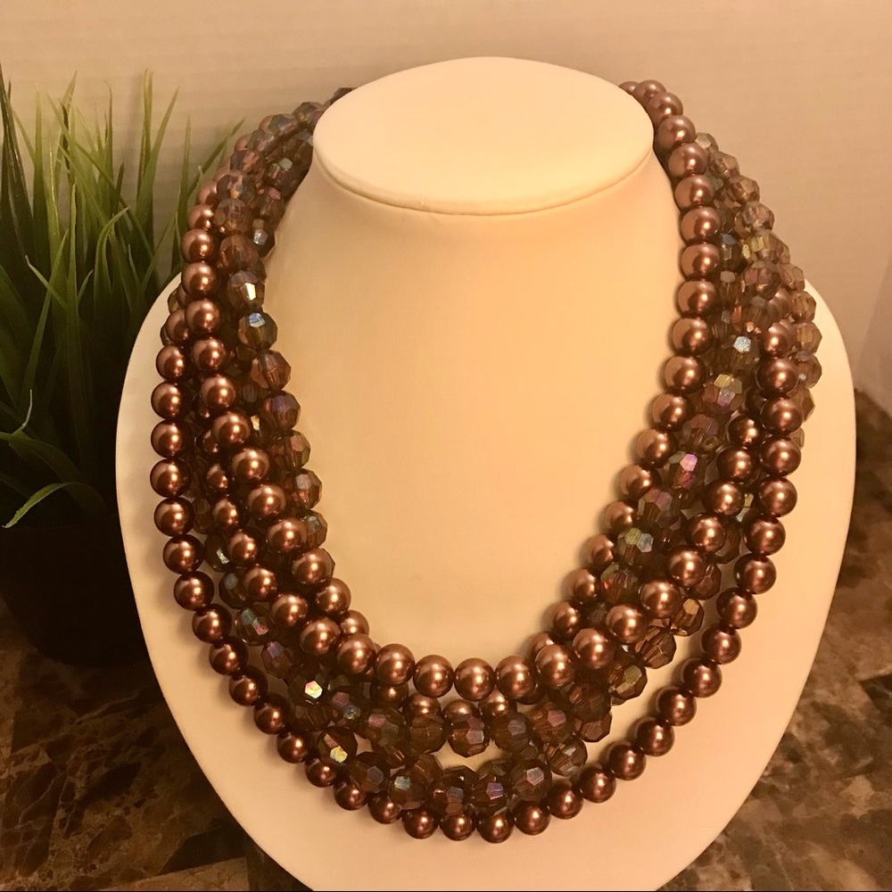 Stunning Vintage Faux Chocolate Pearl Faceted Shiny Bead Six Strand Necklace